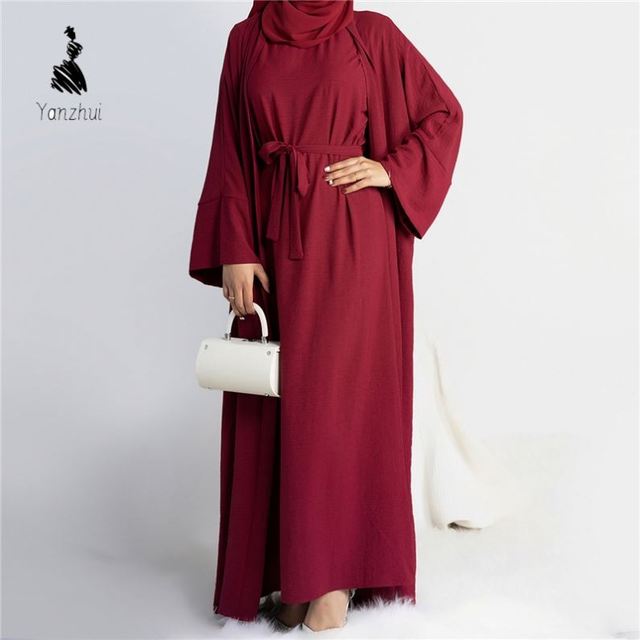 Wholesale Modest Plain 2PCS Set Islamic Clothing Sleeveless Inner Dress and Open Abaya Turkey Dubai Muslim Dress Sets