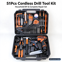 Kit d'outils de perçage sans fil au lithium 51 pièces avec pistolet à colle chaude et scie à main, boîte à outils multifonctionnelle pour l'entretien domestique
