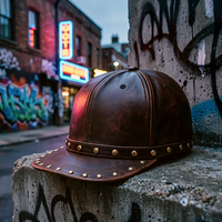 Gorra de Béisbol Vintage Personalizada de Cuero PU para Invierno, de 6 Paneles, Marrón Oscuro con Remaches Dorados, Visera Plana, Estilo Punk Rock Biker, Venta al por Mayor OEM