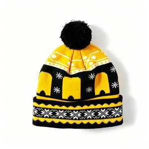 Geometric Design Knit Beanie Pom Pom <b>Winter</b> <b>Cap</b> Unisex - Product Image 4
