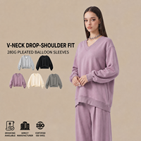 Sweat-shirt court pour femme à col en V, manches longues bouffantes style lanterne, froncé, décontracté, coupe carrée, rétro, élégant et chic