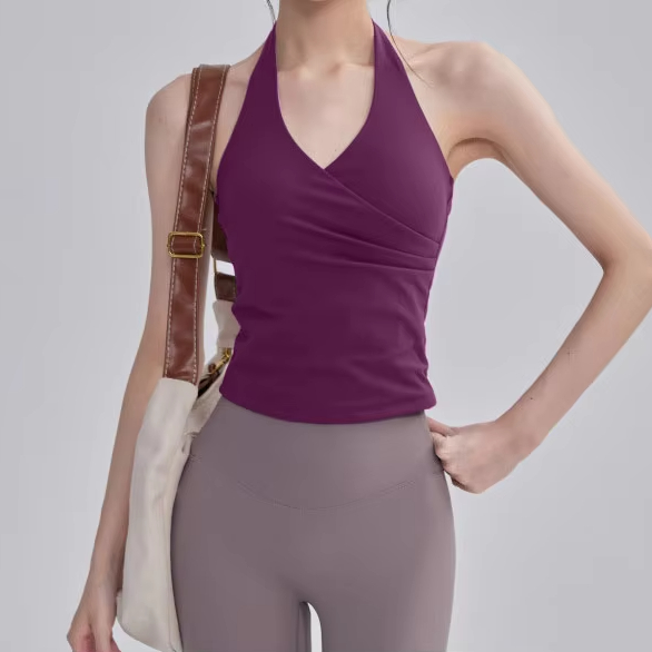 Custom Women's Halter Yoga Top, Backless Sleeveless Workout Tank with Built-in Bra, V Neck Fitness Activewear for Gym Pilates