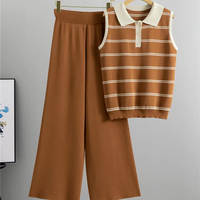 Ensemble 2 pièces d'été pour dames avec pantalon long à jambes larges Ensembles de pulls tricotés unis et décontractés Ensembles deux pièces en tricot pour femmes