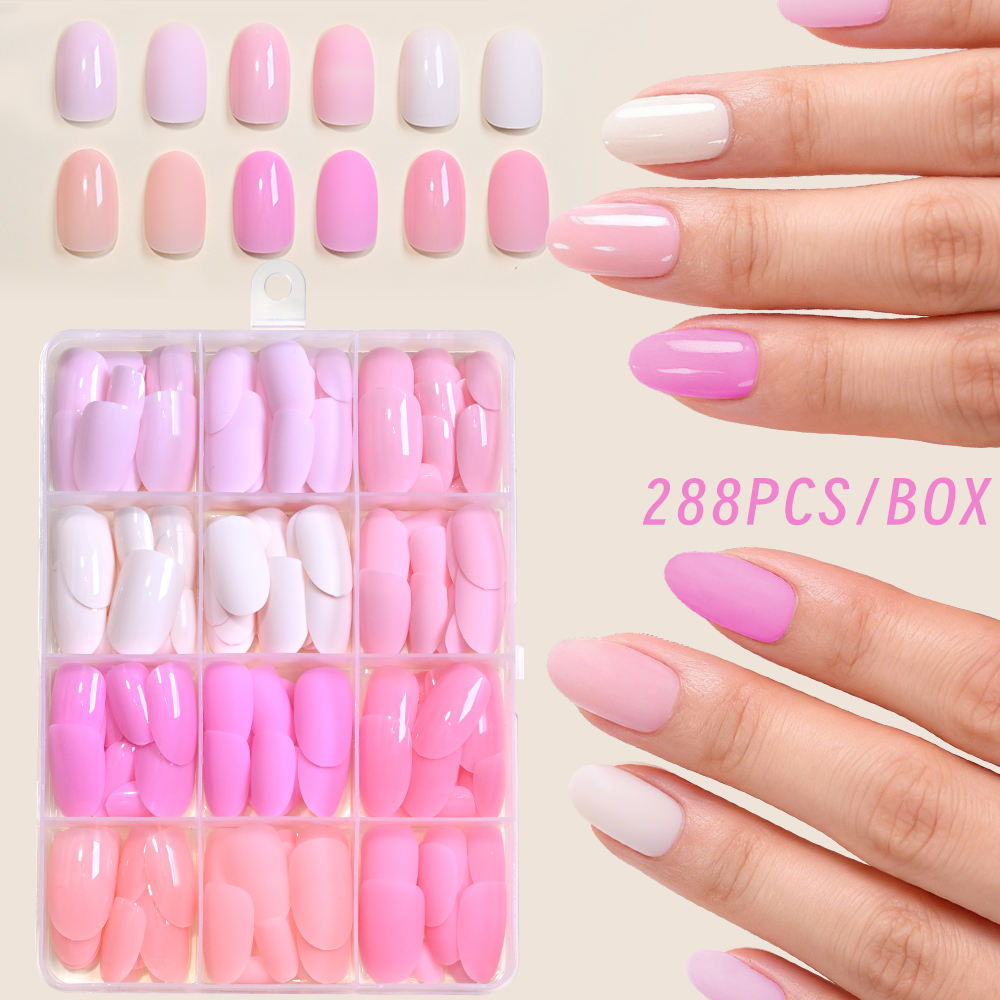 288pcs/box Colorful Oval Fake Nails Acrylic Full Cover Nail Tips Almond Short Press on Nails With Gel DIY Manicure Tools