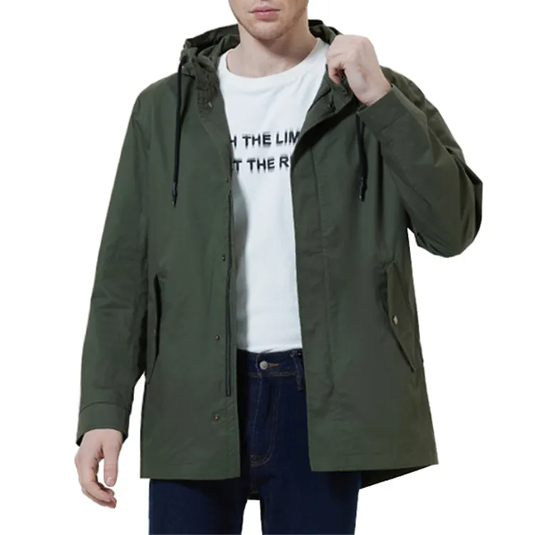 Autumn Stylish Male Army Green Short Windbreaker Jacket Loose Casual Men's Trench Coat with Hood