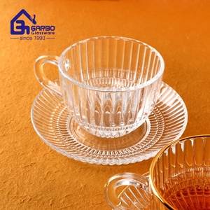 Taza y platillo de vidrio <span class=keywords><strong>H</strong></span> Line de rayas verticales hechas a máquina de alta calidad, juegos de té y tazón de taza de helado de vidrio para uso en restaurante doméstico - Product Image 2