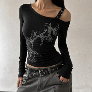 Retro Print Asymmetric <b>Off</b> <b>Shoulder</b> <b>Knit</b> <b>Top</b>, Long Sleeve Women's T Shirt, Y2K Vintage Casual Streetwear Fashion Style - Product Image 4