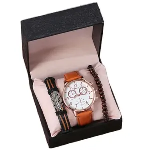 Модные повседневные мужские браслет комплект одежды из 3 предметов из бисера браслет для мужчин декоративный браслет кварцевые часы подарочный набор для мальчиков Conjunto de reloj