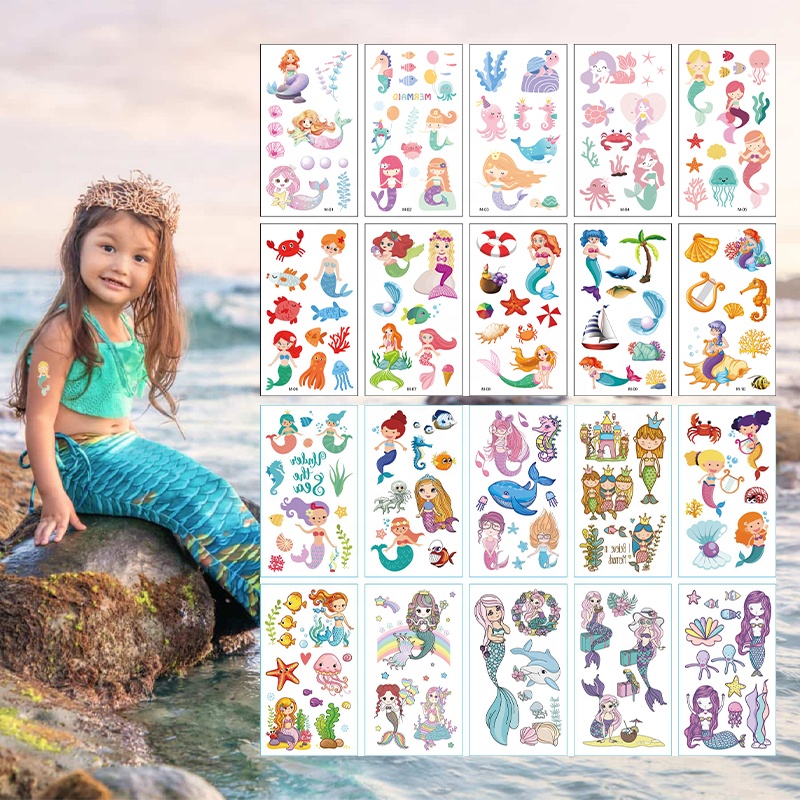 Русалки наклейки для временных татуировок временные водонепроницаемый Русалка одеваются настенные наклейки для детской волшебные наклейки для временных татуировок