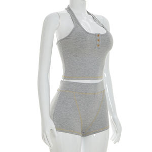 Viviblook Q26ST021 Women Casual Two Piece Summer <b>Set</b> Solid Color Regular Fit Halter Shorts <b>Set</b> - Product Image 3