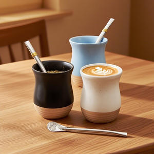 Ensemble de tasses à thé en céramique, tasse individuelle avec poignée, blanc, noir, bleu, couleur unie, double paroi, pour usage domestique - Product Image 1