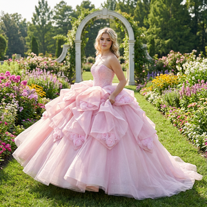 ชุดราตรีงาน Quinceanera สีชมพูวิบวับ รุ่น Dy1296 แบบสั่งตัดได้ ตกแต่งด้วยลูกปัดและลูกไม้ คอร์เซ็ทประดับลูกไม้ แต่งแอพพลิเคชั่นหวานๆ สำหรับงาน Sweet 16 และงาน Vestido De 15 Anos - Product Image 1