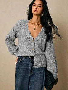 Cárdigan de Punto con Mezcla de Lana para Mujer JOYSONS, Cuello en V Festoneado, Botones al Frente, Texturizado, Manga Larga - Product Image 3