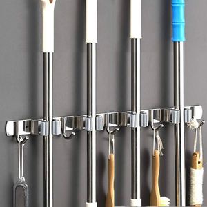 Modern Grey SUS304 Stainless Steel No-Punching Mop <b>Broom</b> <b>Holder</b> <b>Wall</b> <b>Mount</b> Non-Folding Multiple Hooks Silicone Storage - Product Image 3