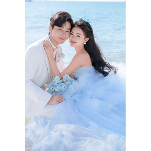 Seaside Blue Wedding Dress Sweetheart Neckline Empire Waist Tulle Ball Gown Princess Style For Beach Wedding - Product Image 2