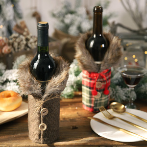 Christmas Plaid Faux Fur Wine Bottle Cover Button Design Wine Bottle Sleeve Xmas Dinner <b>Table</b> Party Decorative Wine Bottle - Product Image 2