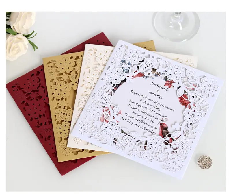 Invitations de mariage créatives à quatre volets avec papier perlé, cartes d'invitation découpées au Laser pour fête prénatale