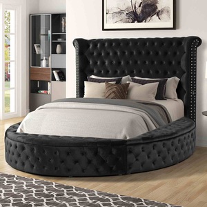 King <b>Size</b> Adjustable Modern Soft <b>Bed</b> Round Storage Black Velvet Like Acrylic Button-Tufted Wingback Design - Product Image 1