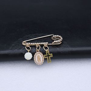 Broche de sécurité catholique avec perle, médaille <span class=keywords><strong>miraculeuse</strong></span> et croix, broche de baptême pour bébé en strass, cadeau pour l'église - Product Image 2