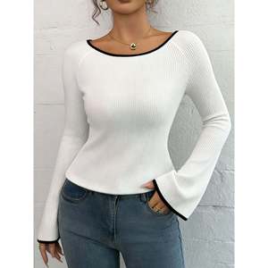 Pull blanc à manches évasées et peplum pour femme, haut côtelé à manches longues - Product Image 1