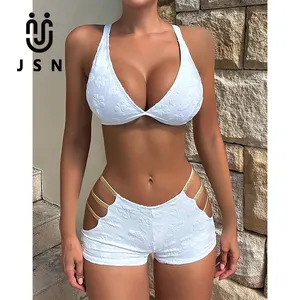 JSN Sears ucker Badeanzug Jacquard Stoff Bade bekleidung Frauen Goldband Bikini-Set mit hoher Taille