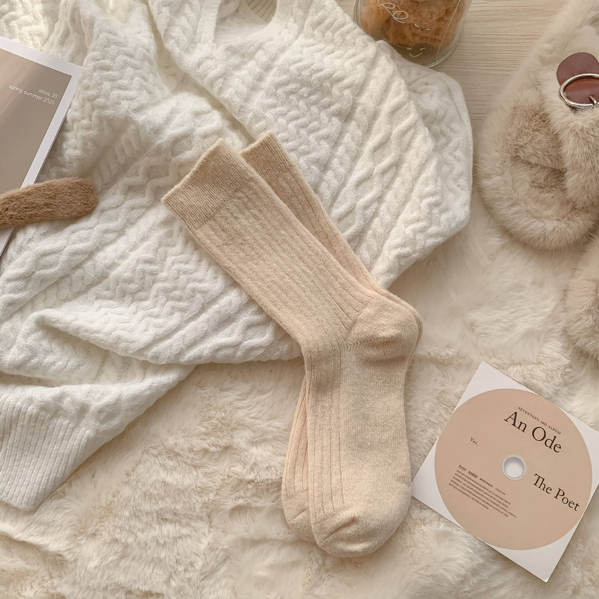 Women's Mid-Calf Japanese Style Slouch Socks Autumn Winter Thickened Warm Crew Knitted Sheep Wool Solid Color Soft Versatile