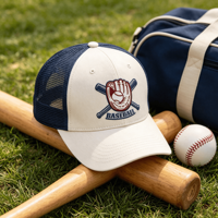 Casquette Trucker Blanche avec Dos en Maille Marine, Logo Brodé Personnalisé (Gant de Baseball, Batte), OEM ODM, Réglable, pour le Sport