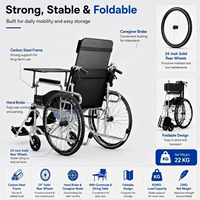 Fauteuil roulant entièrement inclinable avec lit d'appoint et table à manger, dossier hydraulique, repose-jambes réglable, pneus épais et solides, et double frein