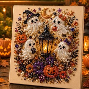 Kit de Arte <span class=keywords><strong>3D</strong></span> Hecho a Mano con Perlas y Diamantes de Imitación, Decoración de Pared con Patrones Vintage de Halloween: Fantasma, Vaca, Gato, Calavera, Bruja, Calabaza y Luna - Product Image 1