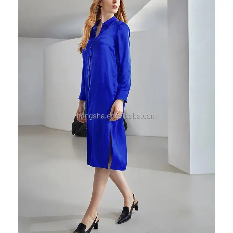 럭셔리 드레스 여성 우아한 로얄 블루 버튼 프론트 미디 셔츠 드레스 긴 소매 실크 드레스 여성 숙녀 우아한 HSM9950