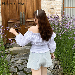 Happy Hut Top de manga abullonada con hombros descubiertos para mujer, algodón blanco, transpirable, talla grande N7634 - Product Image 2