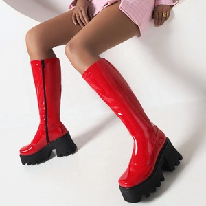 Thick Sole High Platform Women's Long Boots Bright Mirror Leather School Girl <b>Shoes</b> Fashion Side Zipper Booties Square Heels - Product Image 4