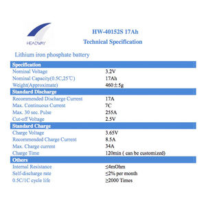 Başlangıç için <span class=keywords><strong>Headway</strong></span> <span class=keywords><strong>40152S</strong></span> 15C 3.2V 17Ah 40152 Lifepo4 pil hücreleri - Product Image 6