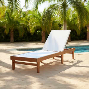 Chaise longue en teck avec dossier inclinable en maille blanche pour patio, mobilier d'extérieur, design contemporain - Product Image 2