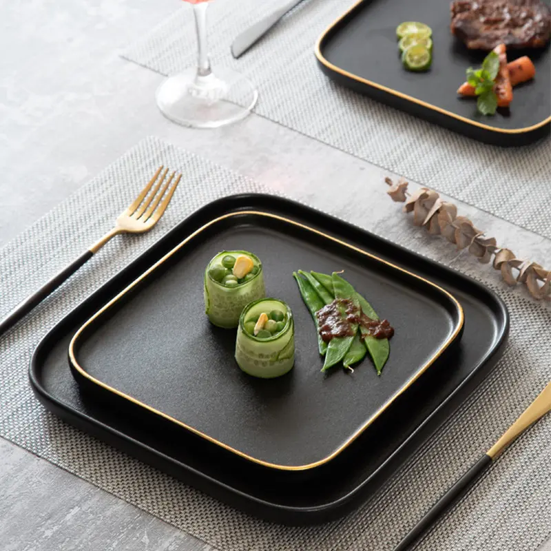 2024 High-end Ceramic Black Square Matte Steak Plate with Golden Trim for Restaurant