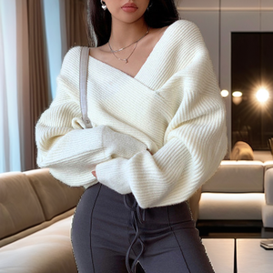 Suéter de punto con cuello en V para mujer, jersey de manga larga, ajuste holgado acanalado, para otoño - Product Image 2