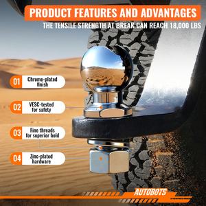 AUTOBOTS Bille d'attelage forgée haute résistance 2 pouces 18000 LBS en acier au carbone avec tige de 1 pouce chromée pour <span class=keywords><strong>remorquage</strong></span> de voitures, camping-cars et bateaux - Product Image 3