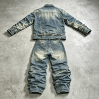 Ensemble en jean déchiré style vintage américain personnalisé par le fabricant pour homme : Veste épaisse délavée et jean micro-évasé – Deux pièces