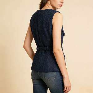 Gilet Senza Maniche in <span class=keywords><strong>Tweed</strong></span> Blu Navy da Donna - Design con Cintura e Bottoni Dorati - Elegante Gilet Strutturato per Ufficio/Casual - Product Image 5