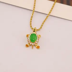 NZ1526 18k Gold Plated CZ Pave Chinese Style Genuine Green Jade Buddha Turtle Pillar Column Ornament Amulet Charm Chain Necklace