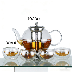 Tetera de Vidrio de 1000 ml con Infusor Extraíble de Acero Inoxidable y 4 Vasos Pequeños de Vidrio de Doble Pared de 80 ml, Éxito de Ventas <span class=keywords><strong>en</strong></span> el Mercado Estadounidense - Product Image 1