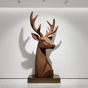 Grande sculpture d'animal en acier corten en forme <span class=keywords><strong>de</strong></span> <span class=keywords><strong>tête</strong></span> <span class=keywords><strong>de</strong></span> cerf, avec base large en acier résistante au vent, pour jardin <span class=keywords><strong>de</strong></span> complexe hôtelier cinq étoiles - Product Image 2