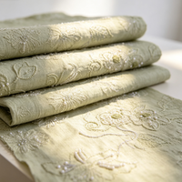 Kain Linen Katun Hijau Muda dengan Bordir Bunga Mutiara & Payet Perak untuk Gaun Pengantin, Gaun Pengiring Pengantin