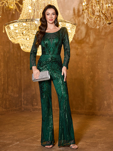 Elegante Mono Largo Ajustado para Mujer con Lentejuelas, Cuello Redondo, Manga Larga Abullonada, Estampado Aleatorio Verde y <span class=keywords><strong>Espalda</strong></span> <span class=keywords><strong>Descubierta</strong></span> - Product Image 3