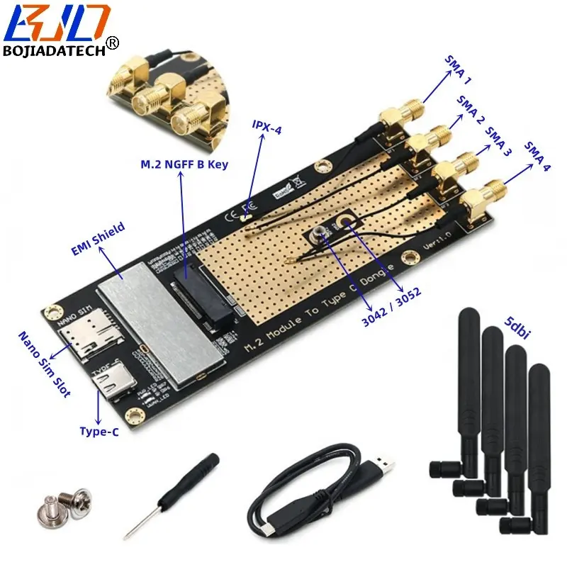 Kartu adaptor USB tipe-c ke NGFF M.2, modul Modem GSM USB tipe-c ke NGFF M.2 Nano SIM Slot 1 dengan 4 antena untuk 5G 4G LTE WWAN