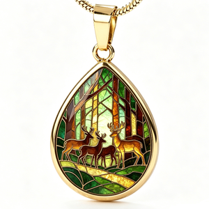 Colgante en Forma de Lágrima de Aleación de Zinc Chapado en Oro con Diseño de Ciervo y Bosque en Vidrio Emplomado, Joyería con Temática Animal - Product Image 1