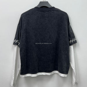 T-shirt en coton lourd surdimensionné à épaules tombantes, t-shirts graphiques lavés, t-shirt thermique à double couche à manches longues pour homme - Product Image 2