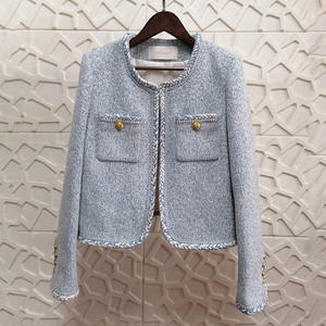 Chaqueta de Tweed de Lana de Lujo para Mujer, Elegante, Color Azul Glaciar, Cuello Redondo, Corta, con Ribete Trenzado, para Primavera y Otoño - Product Image 1