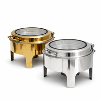 Plat à chafing rond de luxe doré en acier inoxydable avec couvercle en verre pour buffet, idéal pour l'hôtellerie, la restauration et les mariages