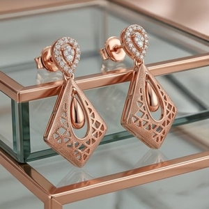 Ensemble de bijoux fins en argent 925, design italien, collier avec pendentif floral en or rose, boucles d'oreilles assorties, pour femmes, pour mariage et soirée - Product Image 2